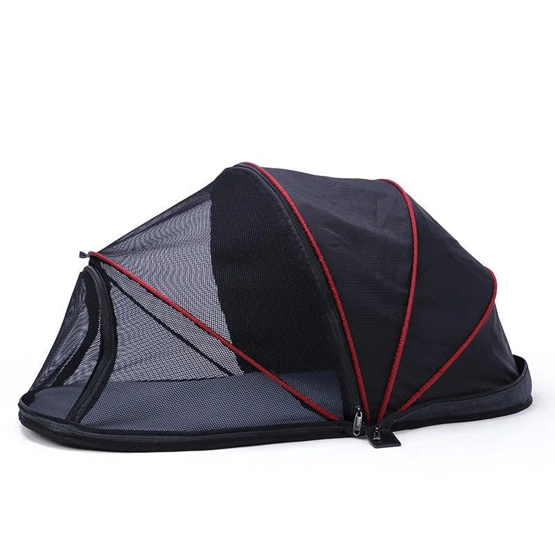 Portable folding cloth cat tent shown in blue half mesh variant, set up as a pet bed and travel cage.