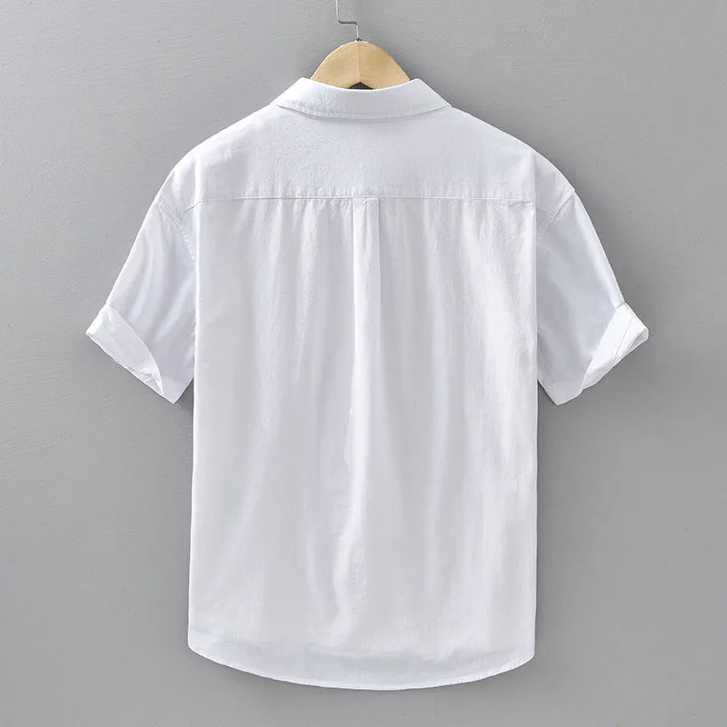 Men's short-sleeved cotton shirt in loose cardigan style available in multiple colours