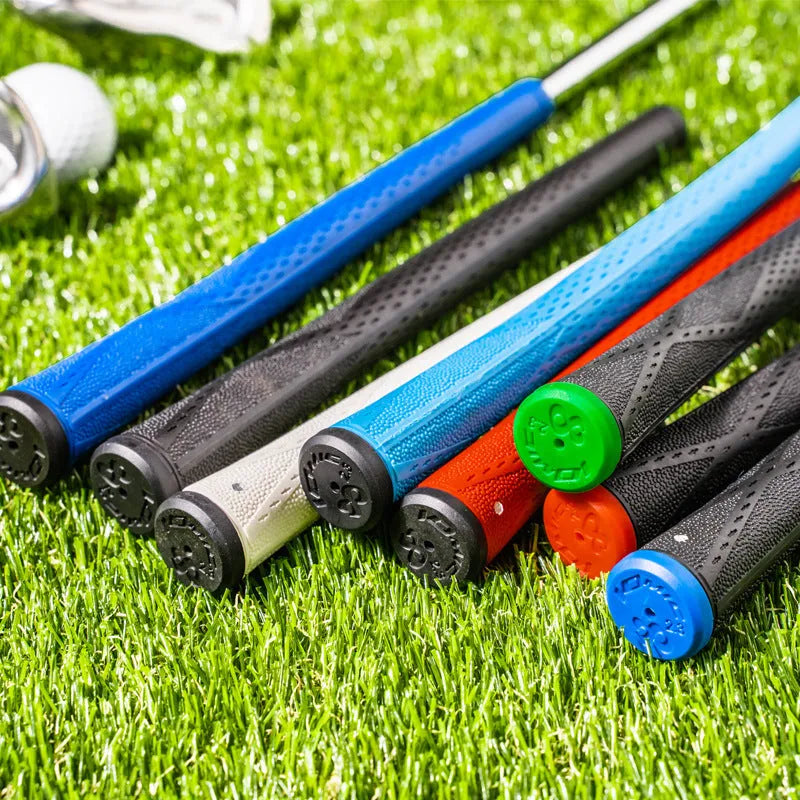 TPE golf club grip in assorted colours including pink, red, blue, white, and two-tone black combinations.
