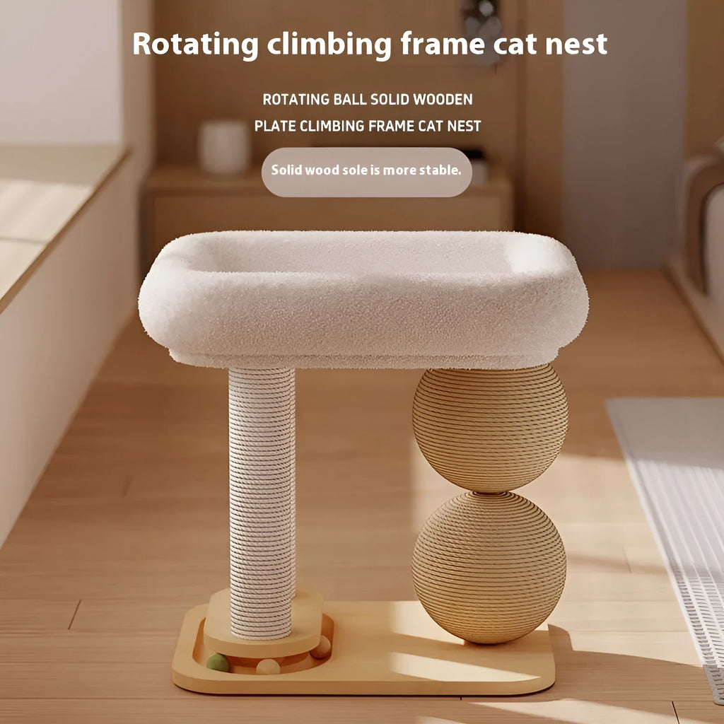 Pinewood frame cat nest with optional sisal scratching post or summer mat coverings.