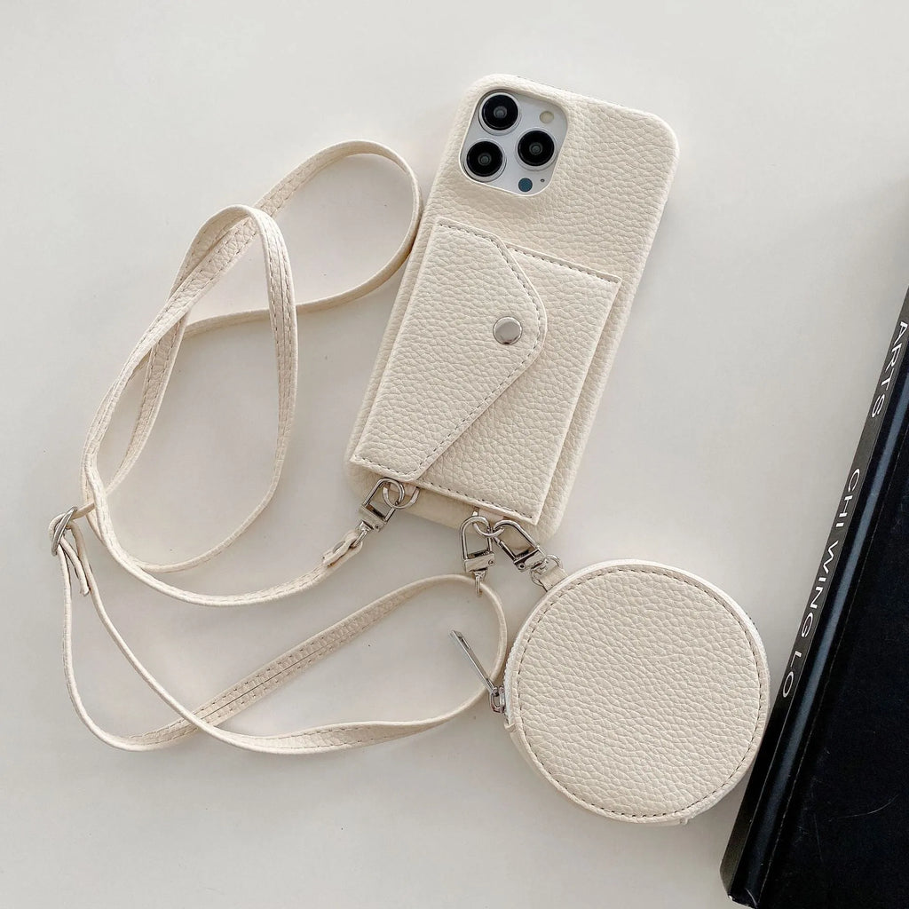 Crossbody phone case with card holder and coin purse in PC leather, available in blue, khaki, and purple for iPhone models