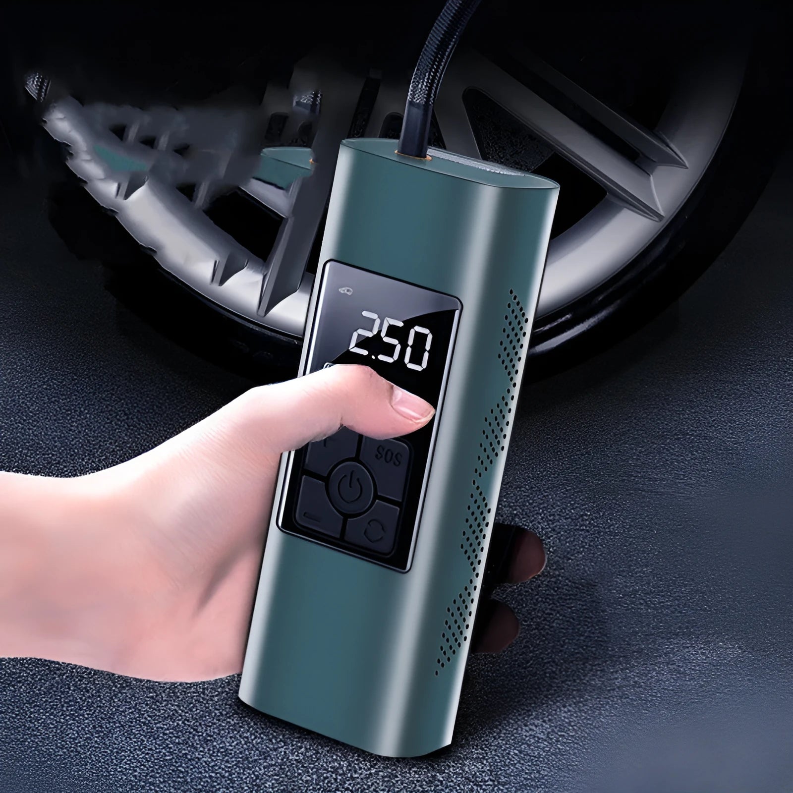 Metal portable air pump with digital display, 80W, 10L/min, 12V and USB charging, 240 x 60 x 44mm, in storage bag