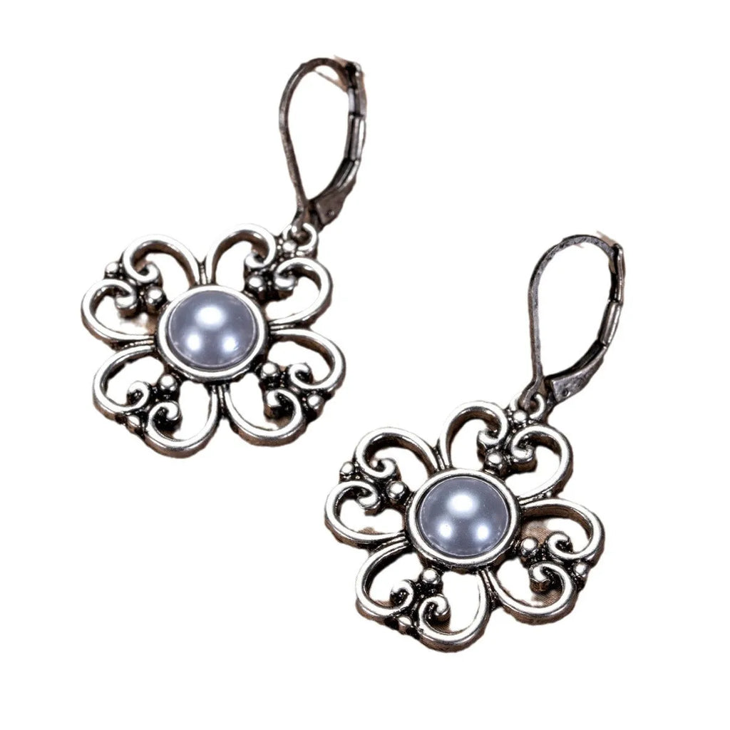Women's gold-plated retro earrings with inlaid pearl in burnt silver colour