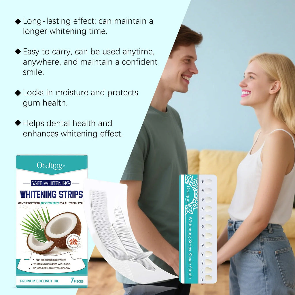Gear rack teeth whitening strips set with 7-teeth colourimetric card for mild cleaning and natural luster