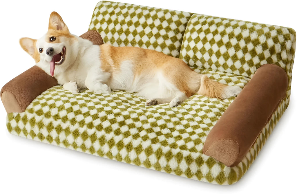 Checkered grey and white pet couch bed for a small dog or cat, showing removable cover and non-slip bottom.