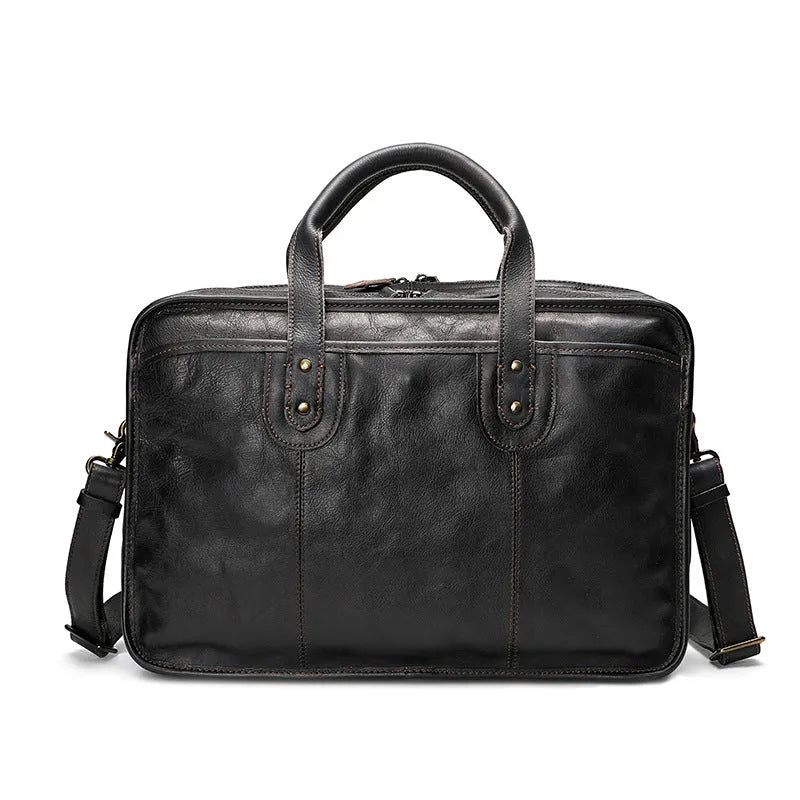 Black top grain cowhide leather men's briefcase showing its horizontal square shape and internal organiser pockets.