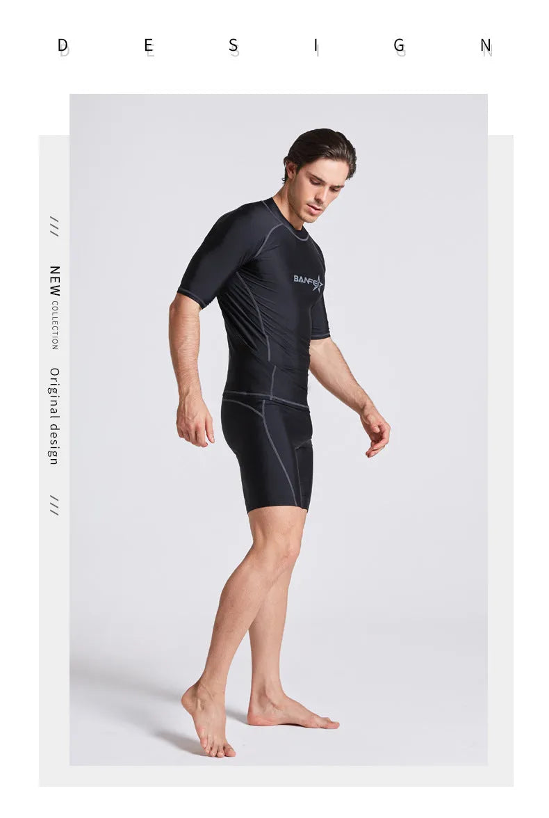 Men's quick-dry half sleeve swimsuit suit for snorkelling, showing separate nylon top and pants.
