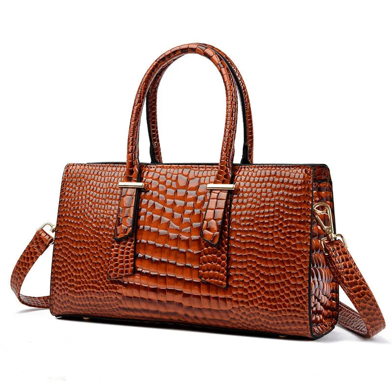 Women's retro crocodile pattern all-match shoulder messenger bag in black, PU material, front view