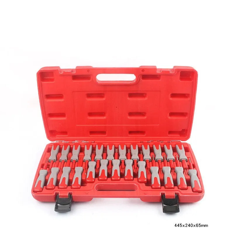 25 piece car terminal removal tool set in a black storage case with tools arranged for auto electrical repair.