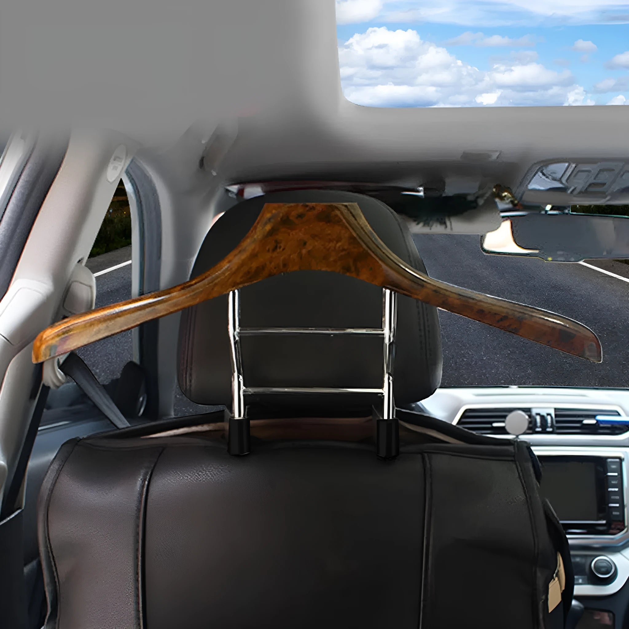 Wood yellow stainless steel car mounted clothes hanger measuring 46.5cm by 23cm