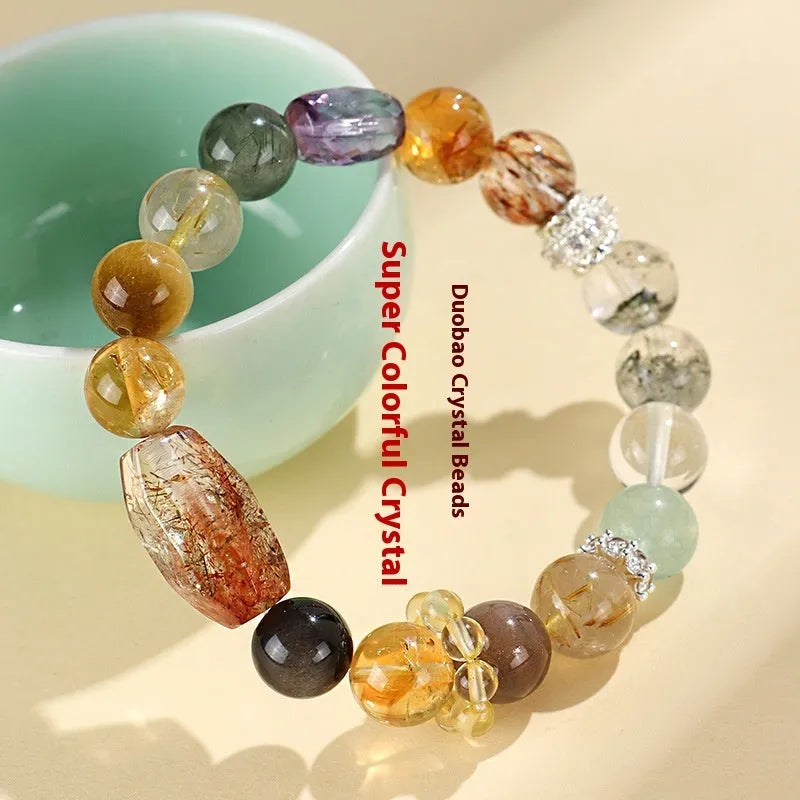 Women's natural crystal bracelet with string bead design in black and gold Duobao style