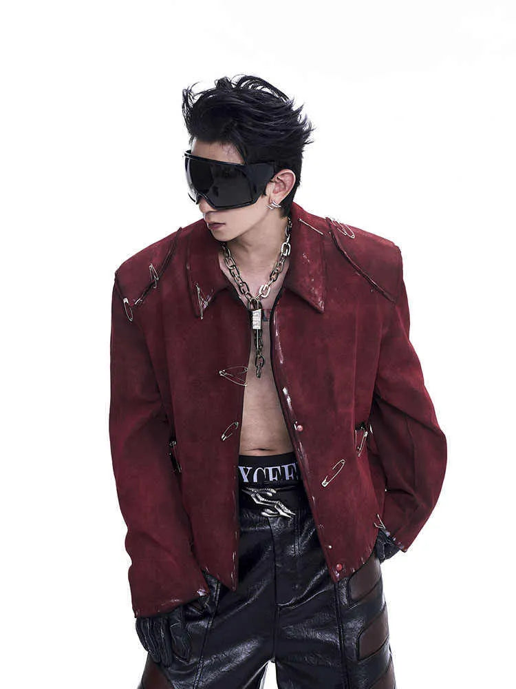 Men's red quilted jacket with decorative pin flocking design and lapel collar