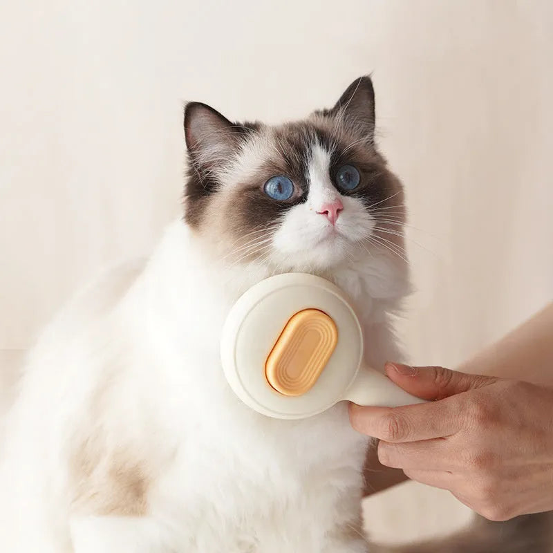 Stainless steel cat grooming brush with non-slip handle in green and yellow colour options