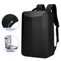 Waterproof black and silver white business backpack with curved shoulder straps and ABS PC frame.