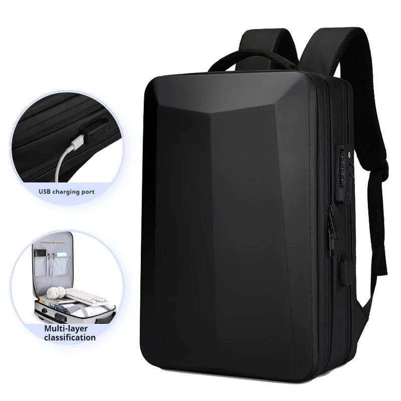 Waterproof black and silver white business backpack with curved shoulder straps and ABS PC frame.