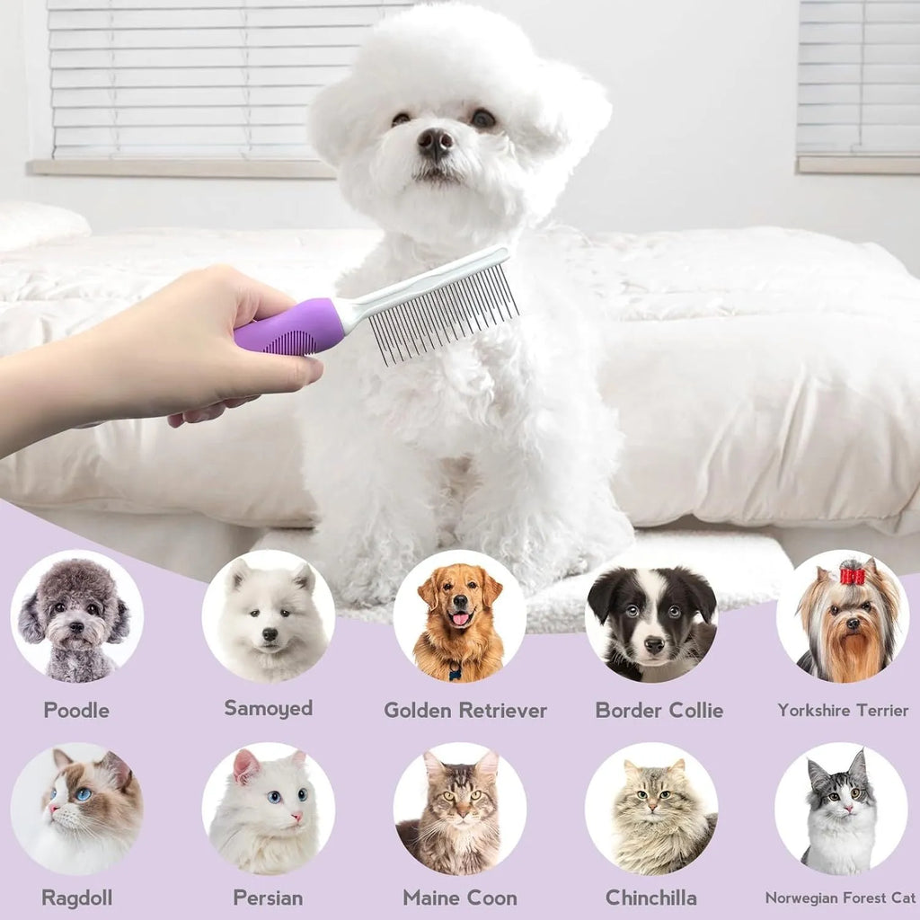 Purple pet detangling comb with stainless steel teeth on a wooden table.