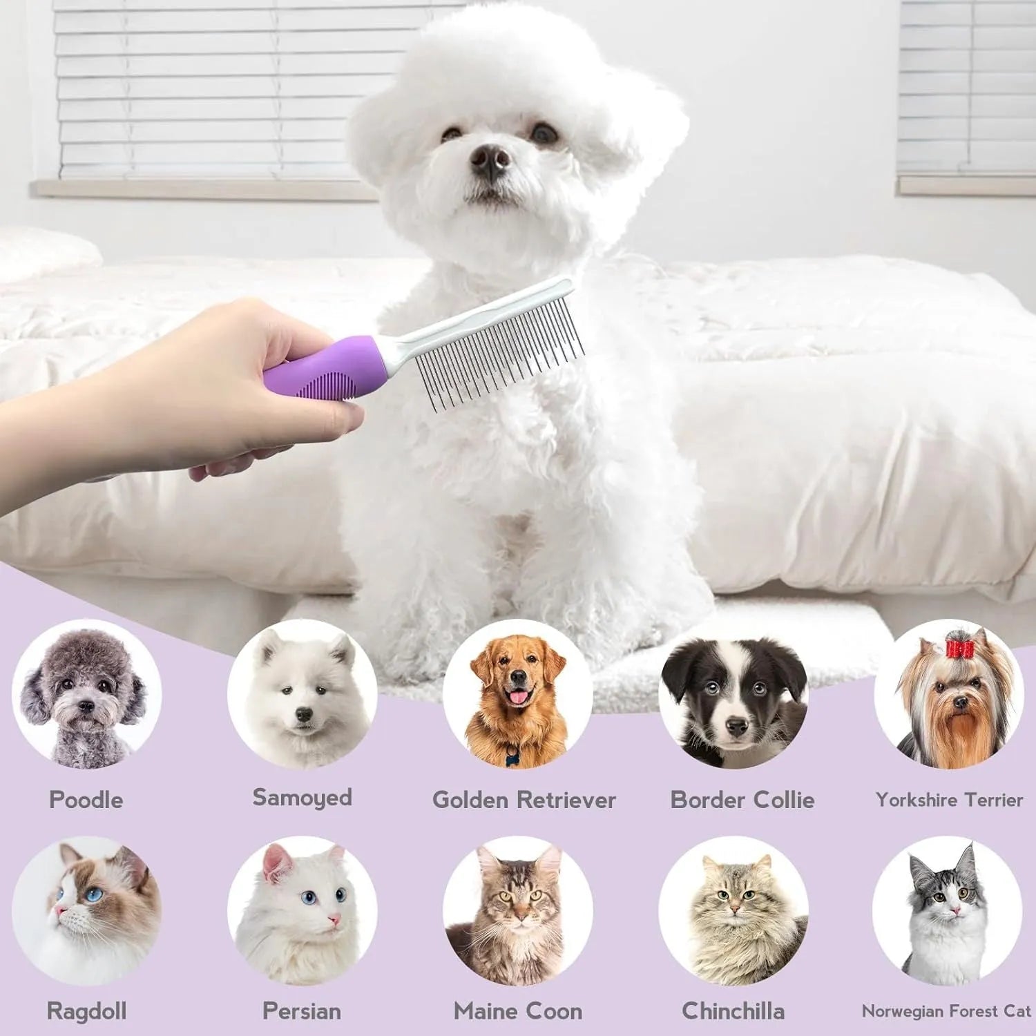 Purple pet detangling comb with stainless steel teeth on a wooden table.