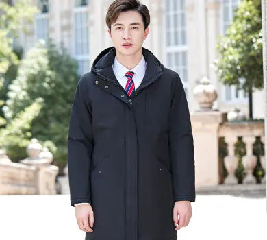 Unisex thick padded black polyester fibre parka with cinched style and pockets for winter warmth