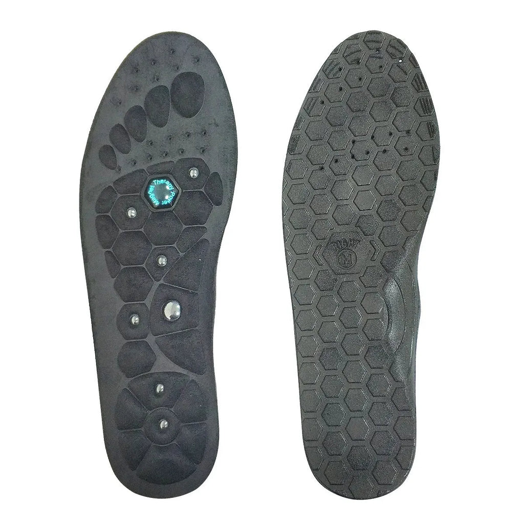 Breathable EVA health care insoles for men and women in black, blue, and red, sizes S, M, L