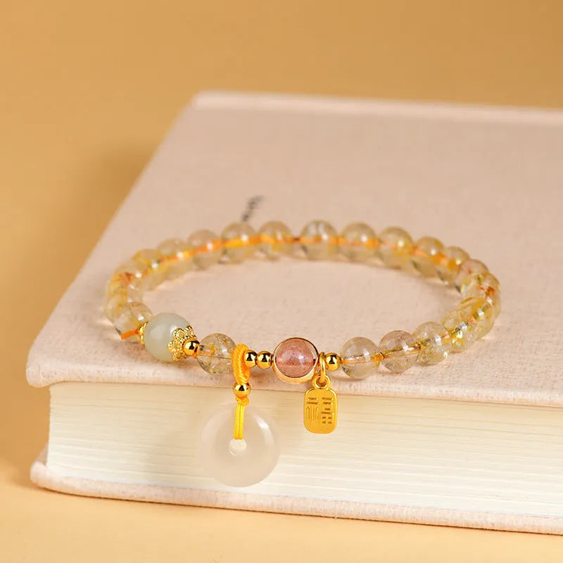 Gold rutilated quartz bracelet with geometric peace buckle and blessing card pendant in national style