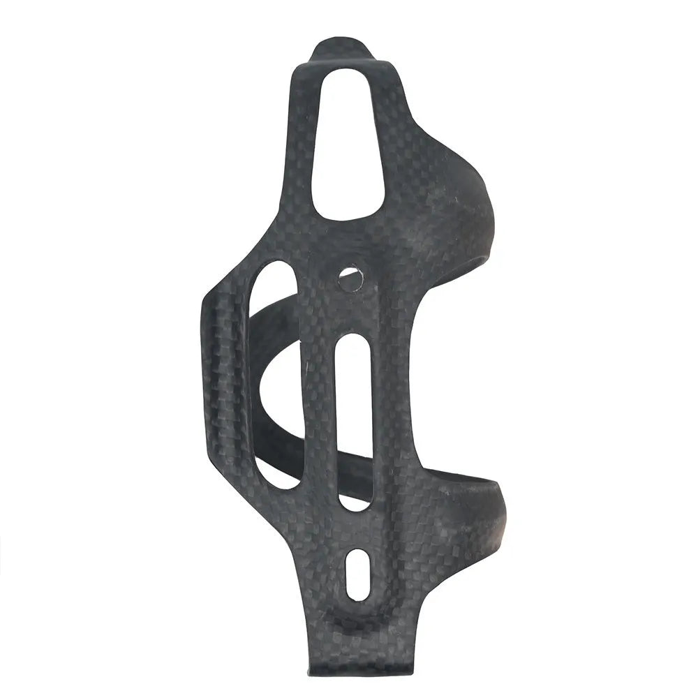 Black carbon fibre side pull bicycle water bottle cage mounted on a bike frame.