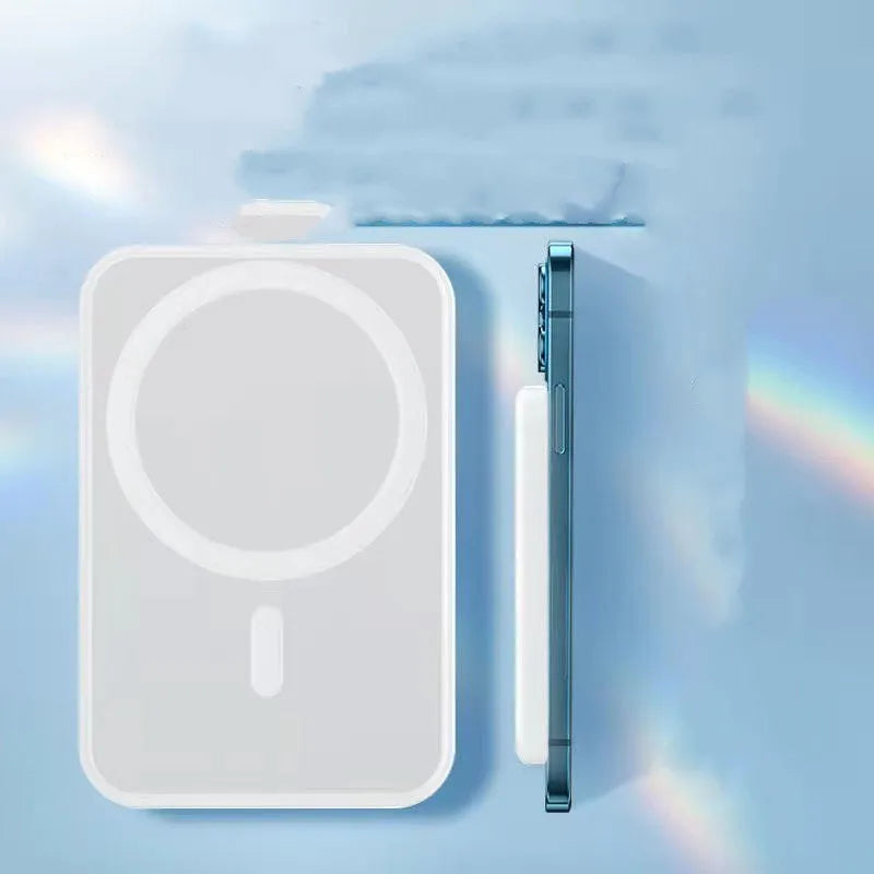 White magnetic wireless charger power bank showing creative design with 5000mAh capacity