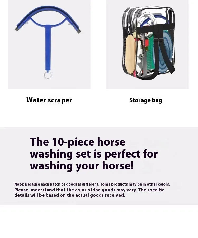 Complete 10-piece horse grooming kit showing brushes, combs, water scraper and storage bag