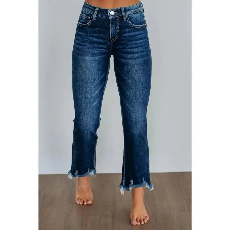 Solid colour women's cotton denim jeans with a hand-worn finish in light blue and dark blue.