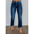 Solid colour women's cotton denim jeans with a hand-worn finish in light blue and dark blue.