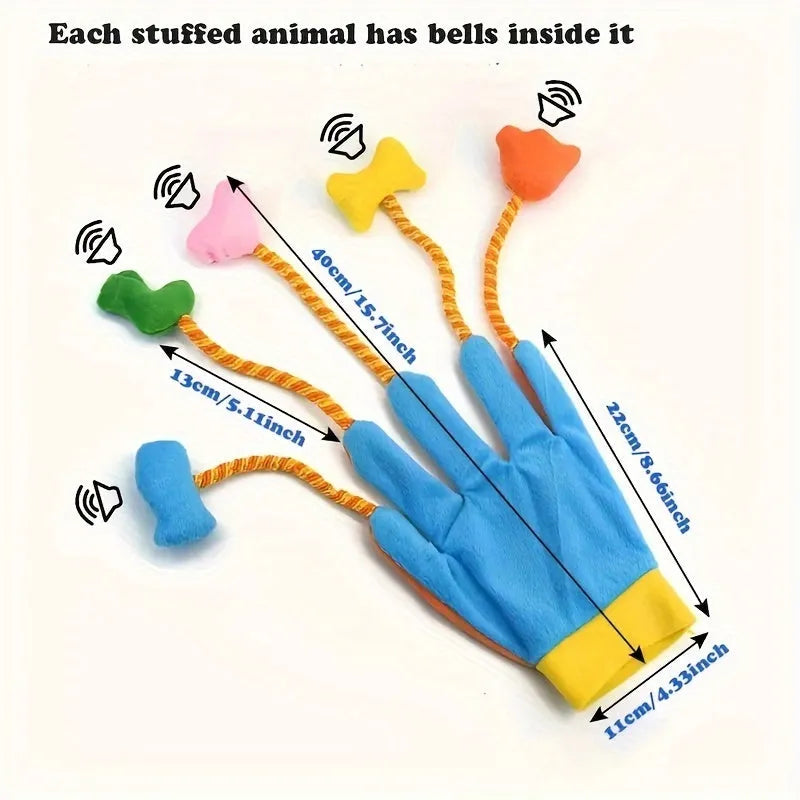 Yellow and blue plush glove cat toy with bell measuring 40cm length