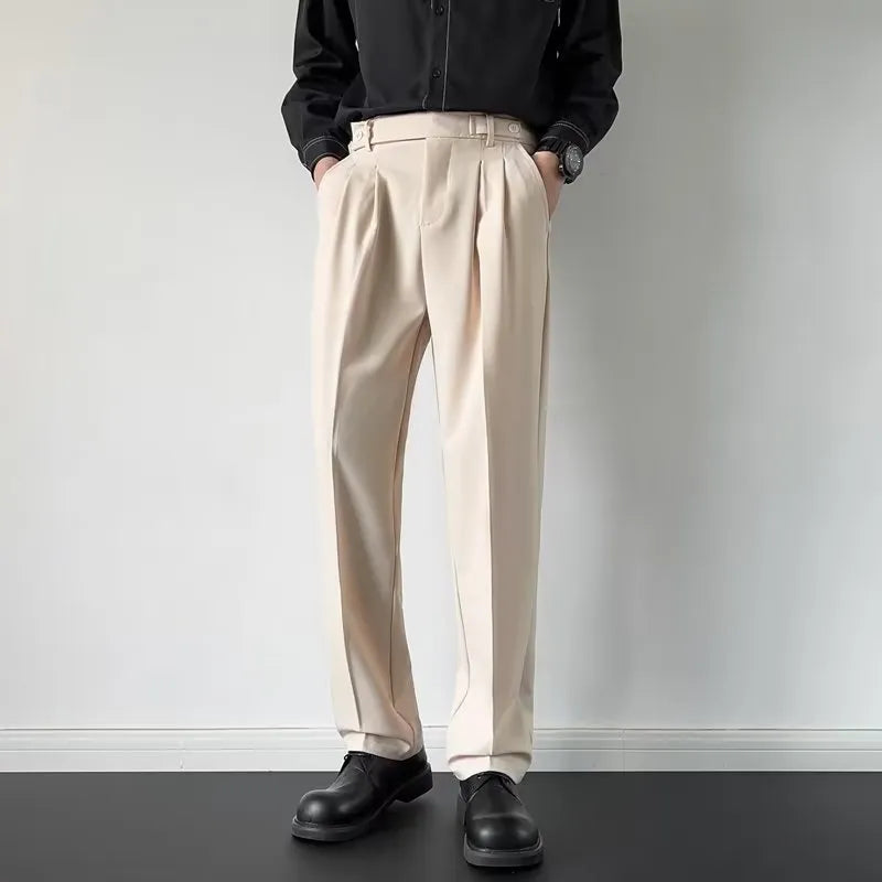Men's straight leg loose fit trousers in apricot and black colours with polyester fabric