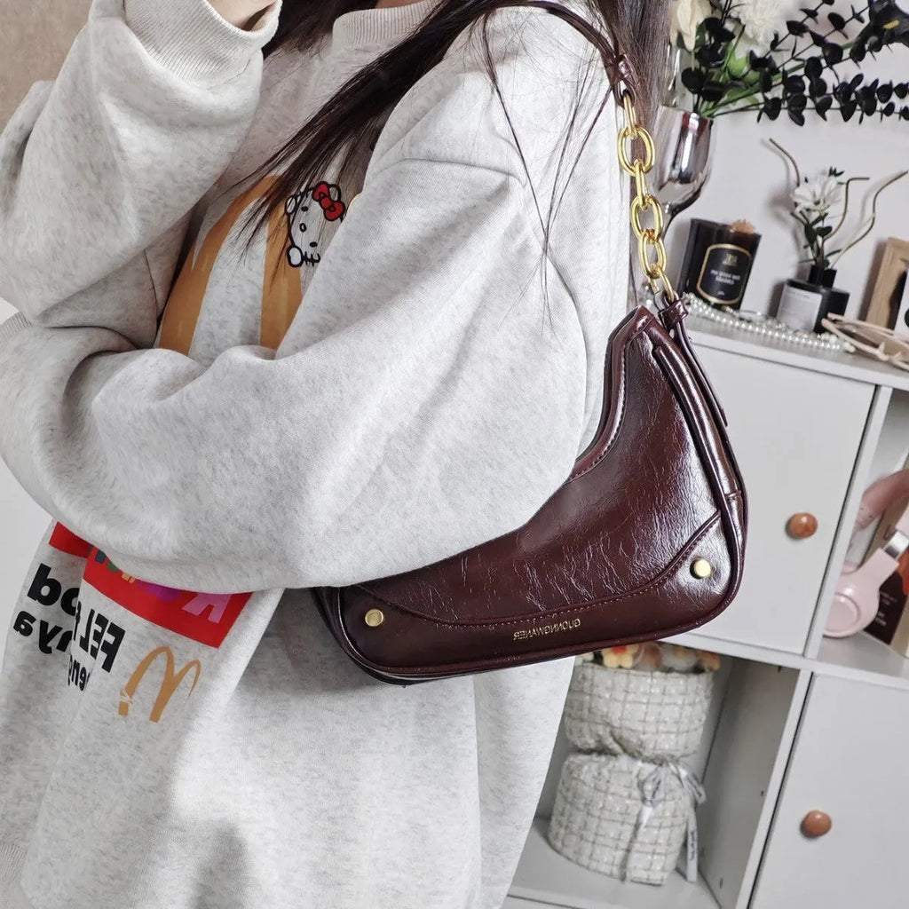 Wine red PU crescent underarm bag with chain detail, horizontal square shape, women's one-shoulder bag