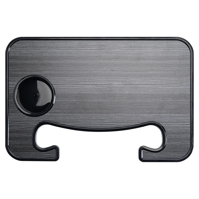 Black ABS car tray with foldable drink cup holder on a car passenger seat