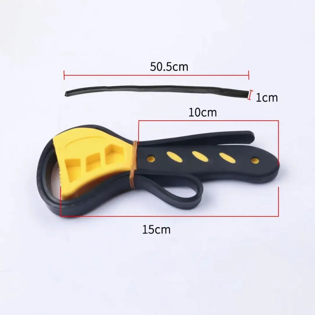Two adjustable rubber strap wrenches, sizes 6-inch and 8-inch, with a 21.5 cm handle on a workbench.