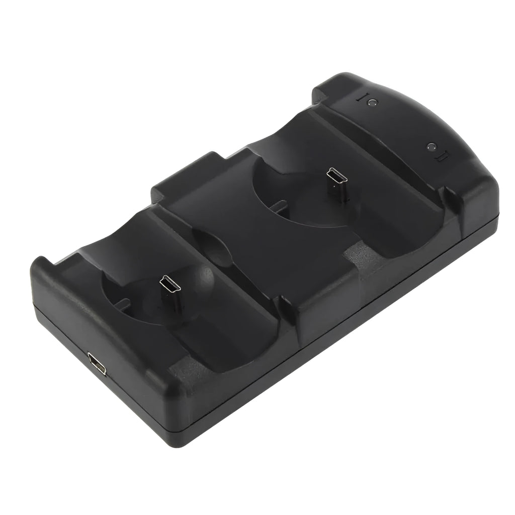 Black PS3 dual controller charging station with two wireless gamepads docked upright