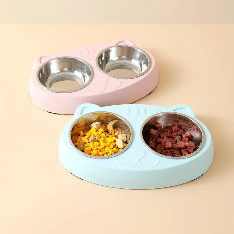 Blue macaron pet feeding tray with two compartments for food and water on non-slip base