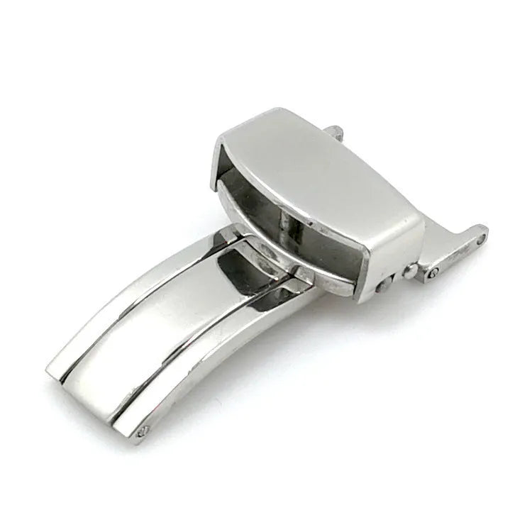 Silver stainless steel single-side folding watch buckle clasp on a white background