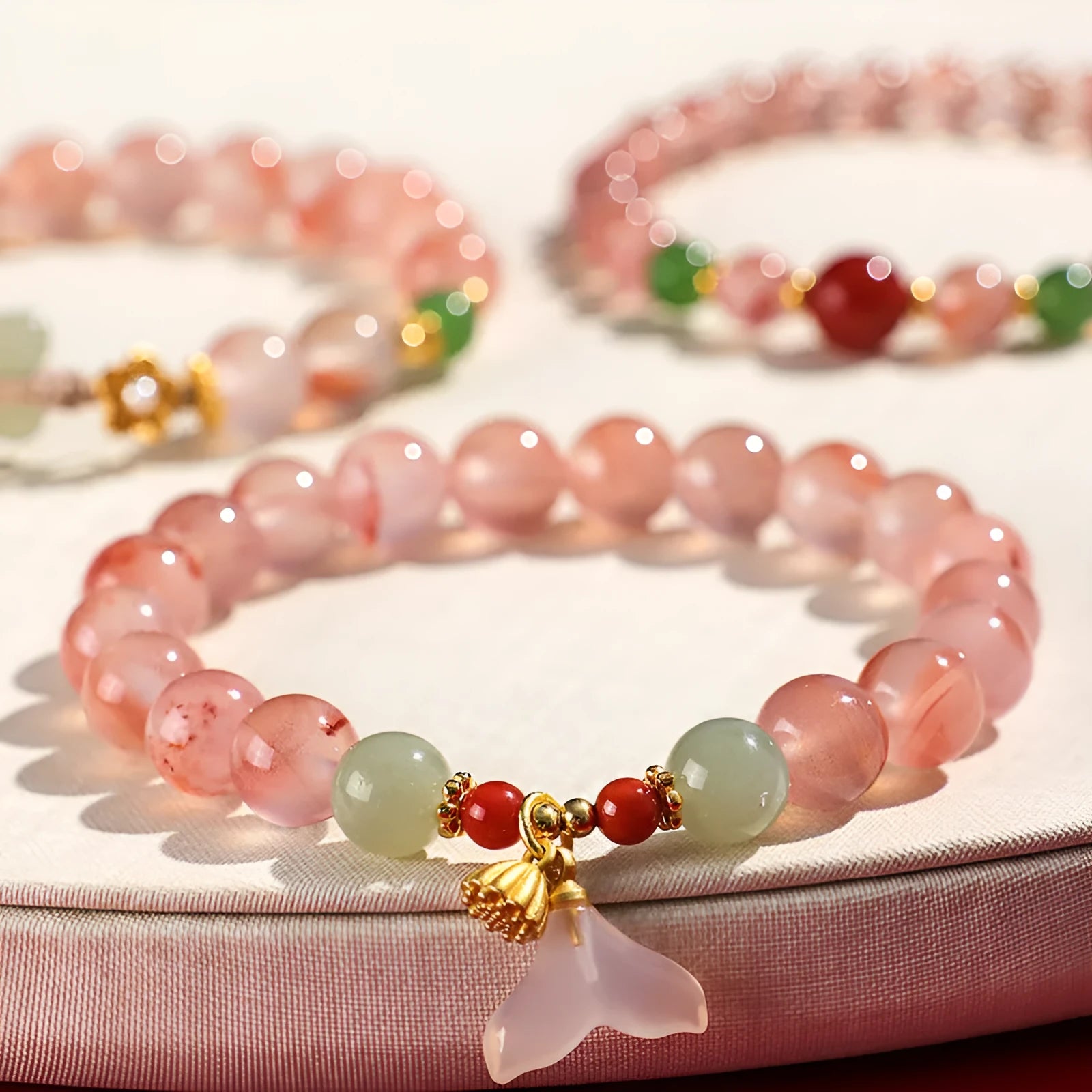 Handcrafted ice floating south red white agate fishtail bracelet for women with bead detail