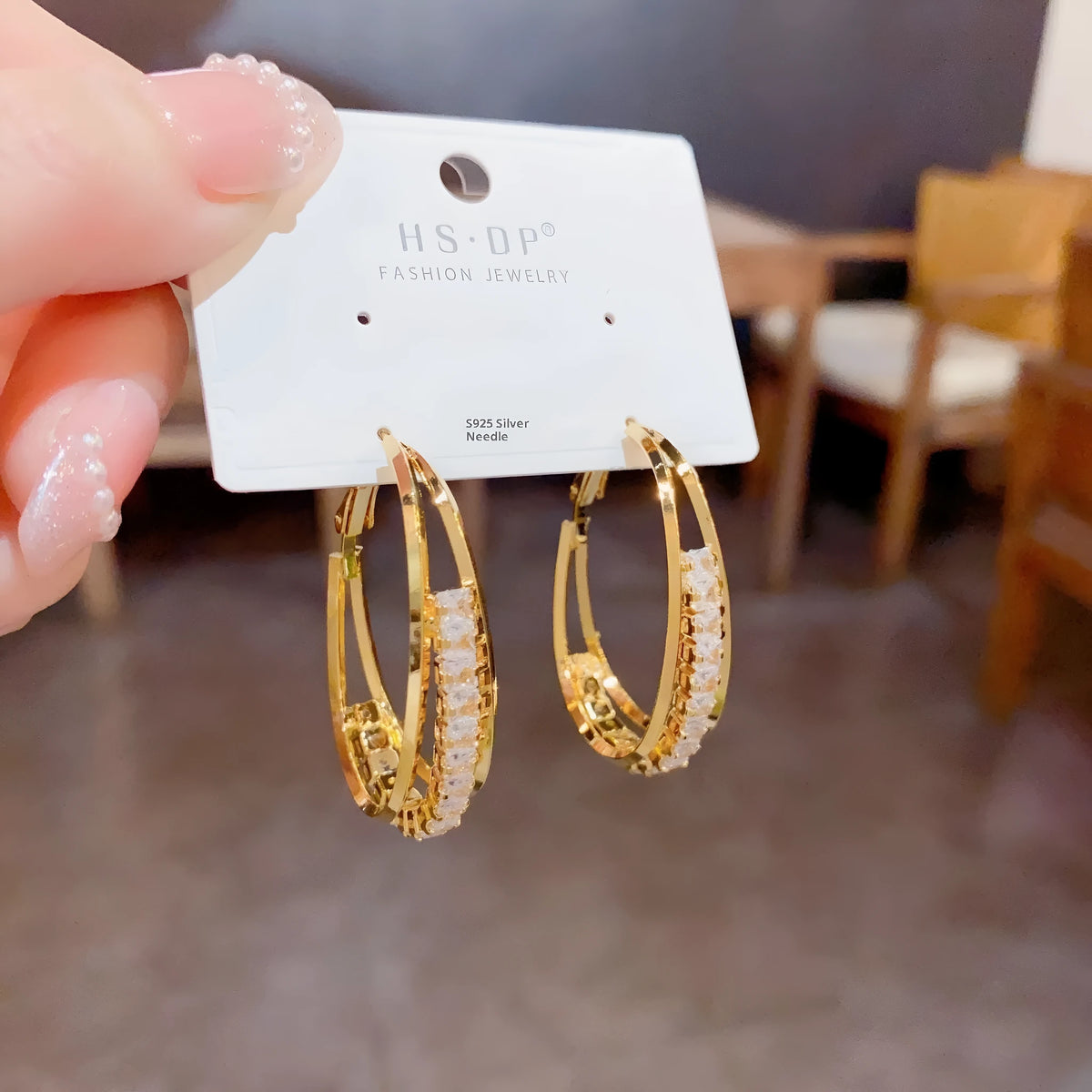 Thick gold plated zircon oval earrings on copper base for women fashion OL style