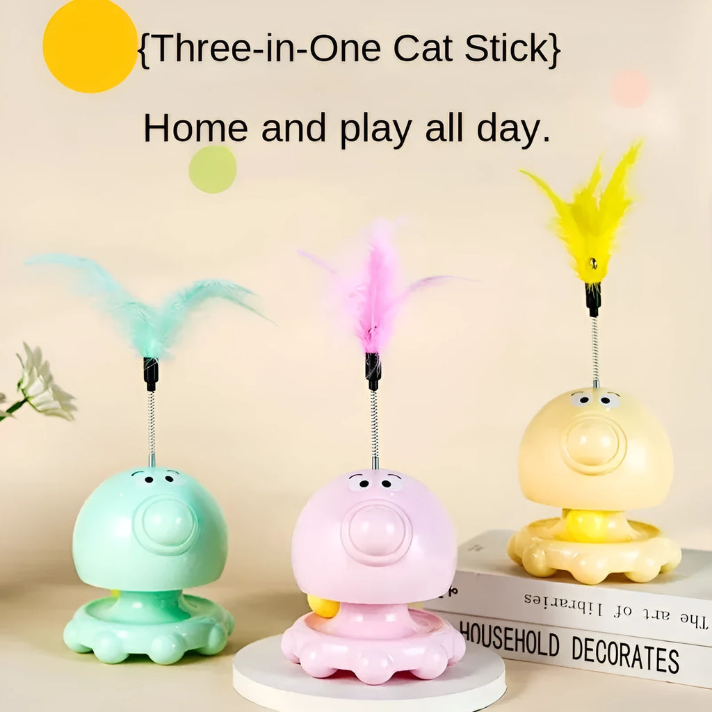 Cat turntable toy with tunnel, leaking food ball and cat stick in green, pink and yellow