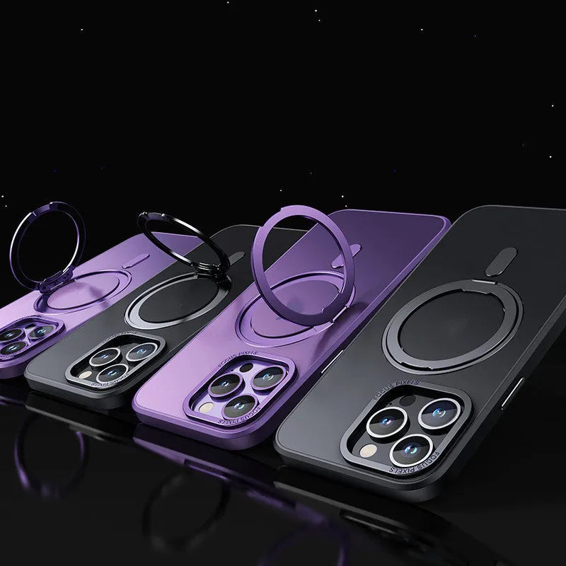 Transparent magnetic iPhone protective case with integrated folding bracket in black, clear, and purple colour options