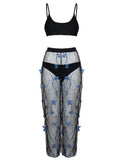 Black transparent voile bikini set with butterfly pattern showing top, underwear and pants pieces