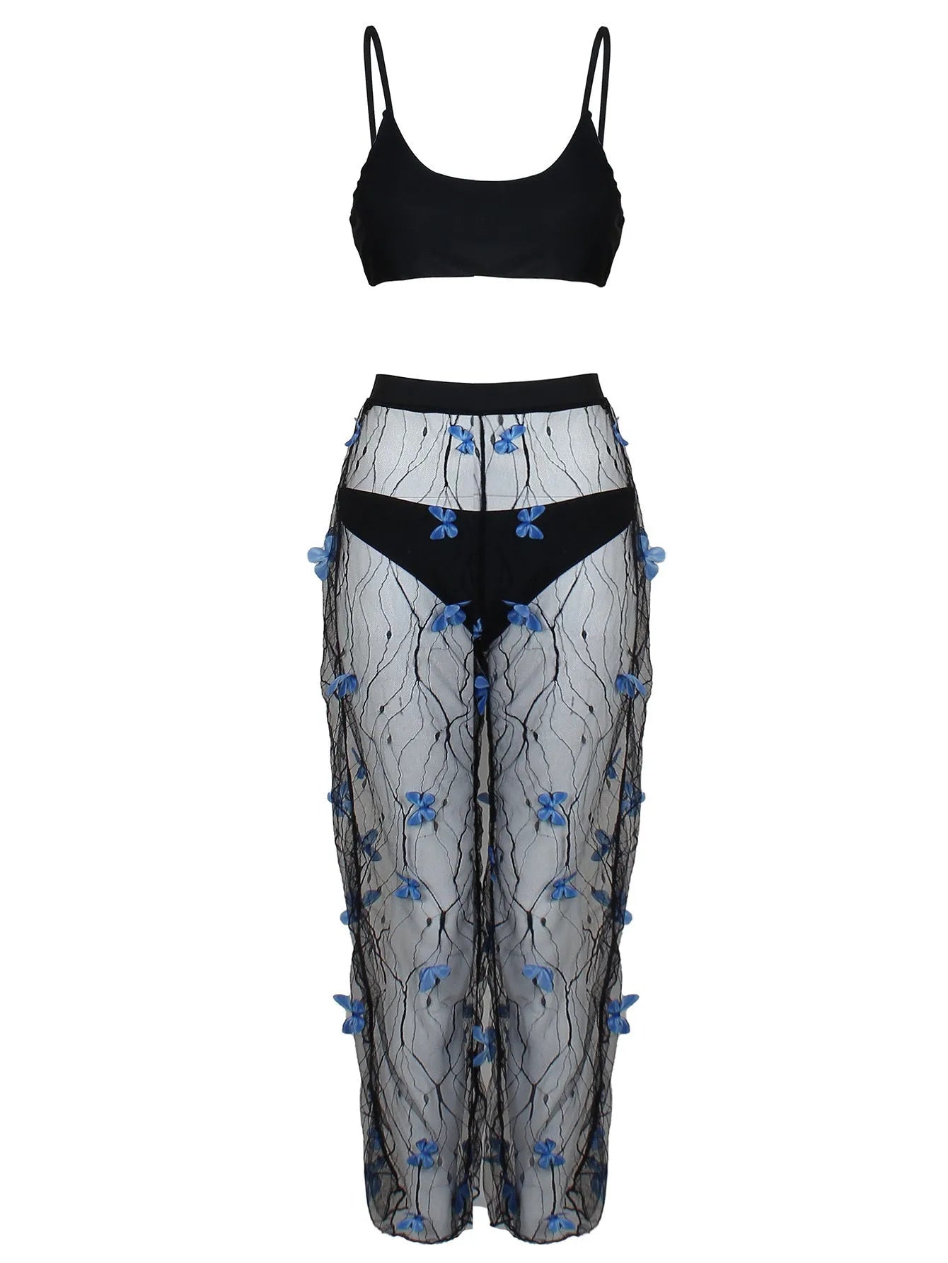 Black transparent voile bikini set with butterfly pattern showing top, underwear and pants pieces