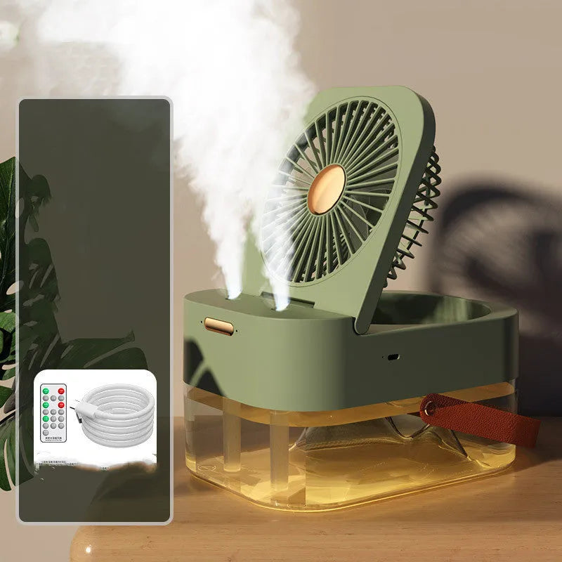 USB-powered desktop humidifier and cooling fan with remote control in green or white colour