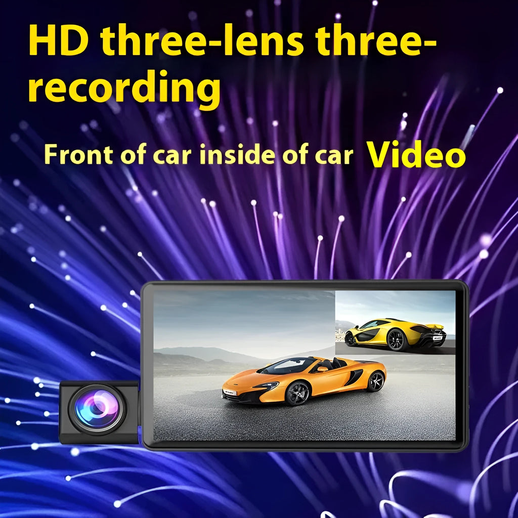 Black three-lens dashcam with 4-inch touch screen for front and rear car recording