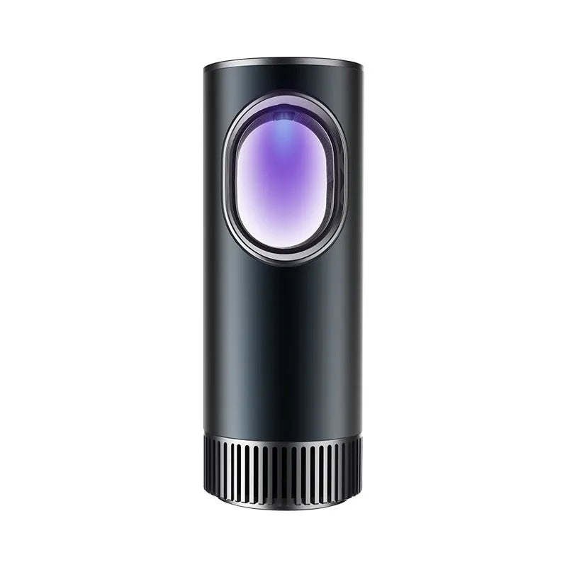 Black circular car air purifier with USB power cable for vehicle cabin air purification