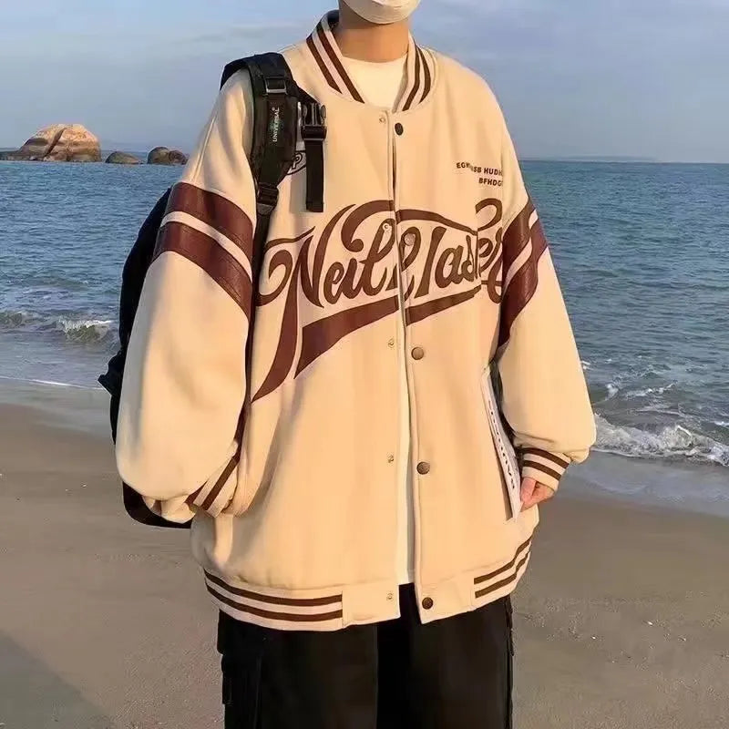 Loose unisex baseball jacket with stand-up collar in colour matching design, available in Black Khaki Lake blue
