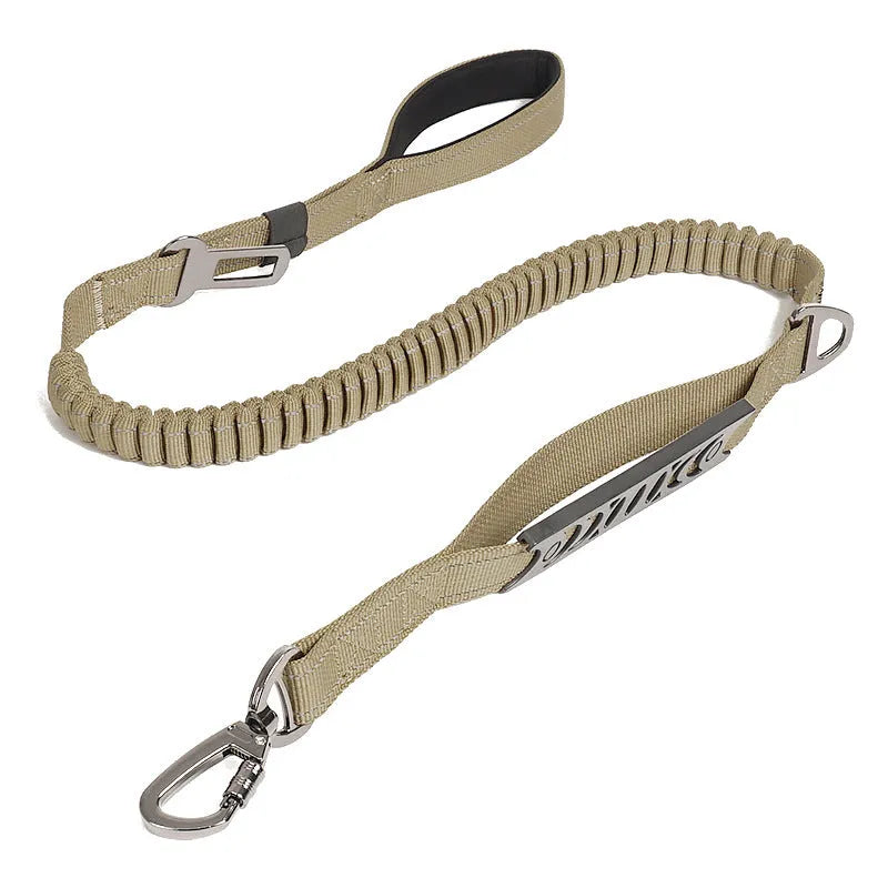 Retractable dog lead with reflective belt and rope buffer grip in black, orange, or khaki