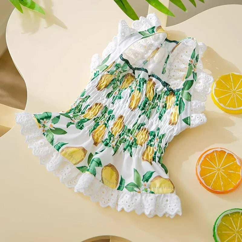 Rock yellow lemon princess style dog dress with thin breathable straps for small dogs