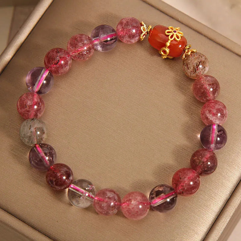 Natural Super Seven Crystal bracelet for women showing White Crystal and Red Agate in a cartoon style.